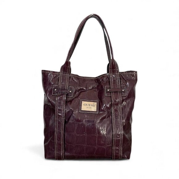 Y2K Guess Croc Embossed Tote BagBurgundy Patent Shoulder Bag